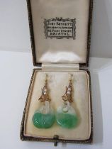 JADE EARRINGS, a pair of vintage gold drop earrings set with pearls and carved jade drops in