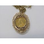 HALF SOVEREIGN IN PENDANT MOUNT, on gold chain, Victorian shield back gold half sovereign, 1887,