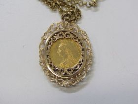 HALF SOVEREIGN IN PENDANT MOUNT, on gold chain, Victorian shield back gold half sovereign, 1887,