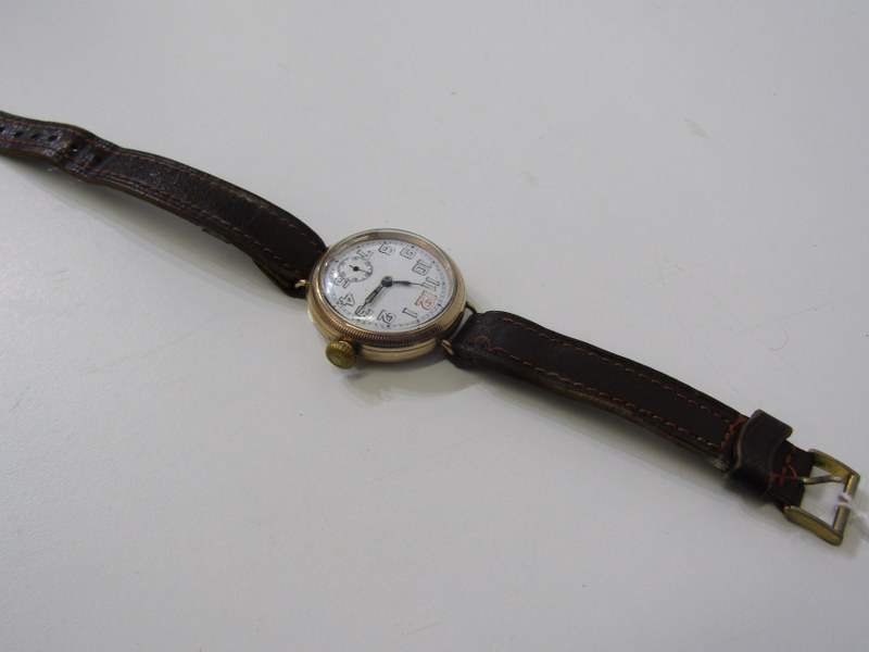 GOLD TRENCH WATCH, a 9ct yellow gold trench watch with enameled dial and secondary dial, with - Image 3 of 3