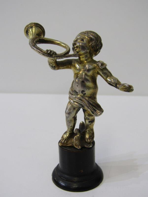 PAIR OF SILVER GILT PUTTI MUSICIANS on circular ebonised wood bases, 9cm height, bases a/f - Image 2 of 3