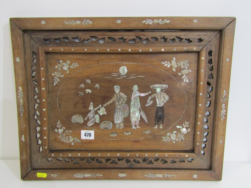 ORIENTAL PANEL, decorated with figures in mother of pearl, 48cm with (some mother of pearl missing)