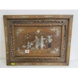 ORIENTAL PANEL, decorated with figures in mother of pearl, 48cm with (some mother of pearl missing)