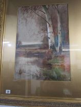 HENRY CHARLES FOX, watercolour "Rural view with silver birches beside a pool with cattle beyond",