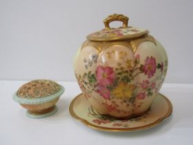ROYAL WORCESTER, a floral decorated Graingers Worcester circular lidded jar stand no.1412 purple