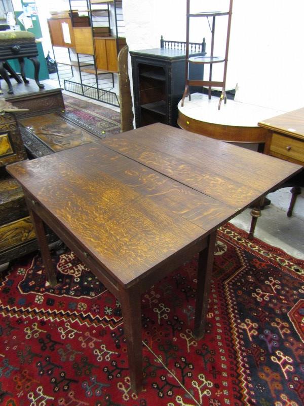 19th CENTURY OAK FOLD TOP TABLE of square form, fitted 1 drawer with swing leg, 87cm width - Image 2 of 2