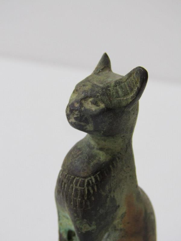 ANCIENT EGYPTIAN BRONZE CAT, 6.5cm height, together with a primitive stone cut seated cat figure, - Image 3 of 12