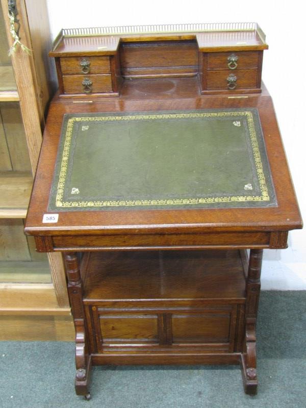 OAK DAVENPORT with brass gallery rail to top, 4 trinket drawers, fitted lower shelf with 2 drawers - Image 2 of 5