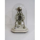 SKELETON CLOCK, brass framed skeleton clock on a white marble base, under glass dome (dome a/f) 46cm