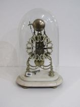 SKELETON CLOCK, brass framed skeleton clock on a white marble base, under glass dome (dome a/f) 46cm