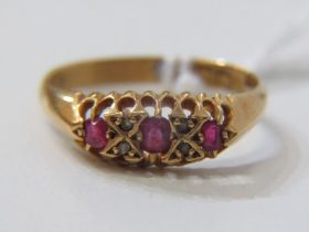 RUBY & DIAMOND RING, antique 18ct yellow gold ring set 3 oval; rubies with diamonds in between sz M