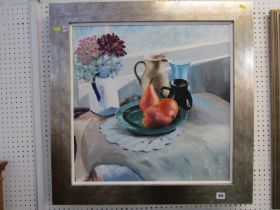 OIL ON CANVAS, "Still Life - Jugs, pears and flowers", 57cm x 57cm