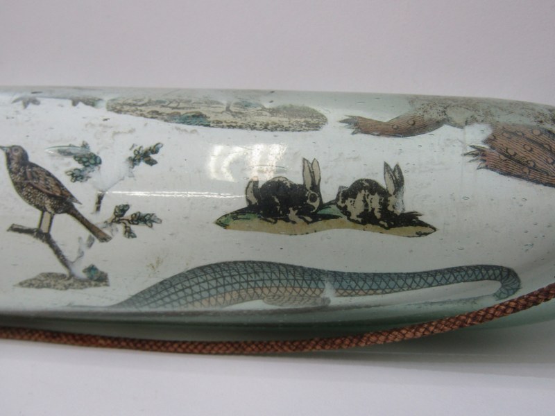ANTIQUE GLASS, antique glass rolling pin, internally decorated with prints including military - Image 6 of 10