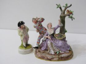 MEISSEN GROUP, 19th Century Meissen group of Harlequin and Columbine seated by a tree, 17cm