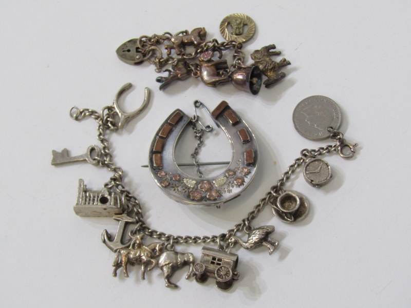 SELECTION OF SILVER ITEMS including silver charm bracelet of several charms; gypsy wagon, cathedral,