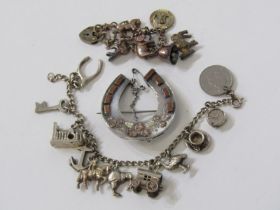 SELECTION OF SILVER ITEMS including silver charm bracelet of several charms; gypsy wagon, cathedral,