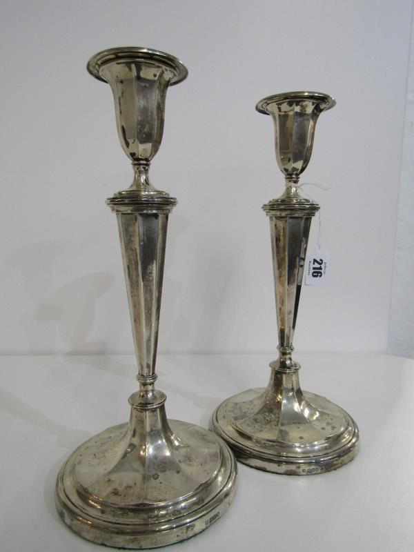 SILVER CANDLESTICKS, pair of silver candlesticks of octagonal tapering form on circular bases by