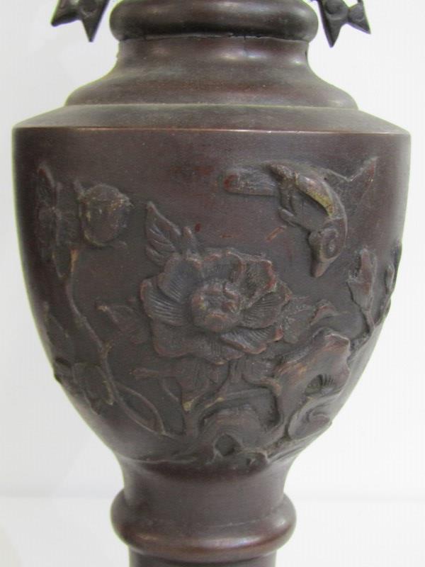 ANTIQUE JAPANESE BRONZE VASES, pair of exotic bird handled vases, decorated with birds in a - Image 6 of 10