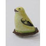 PORCELAIN THIMBLE HOLDER, in the form of a bird with gilt mounts and a plated thimble