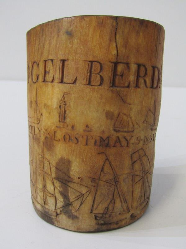 ANTIQUE MARITIME SCRIMSHAW, part of cow horn carved "John Gelberd" decorated various sailing - Image 2 of 5