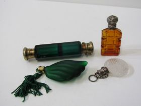 SCENT BOTTLES, 4 assorted glass scent bottles including an emerald glass double ended scent