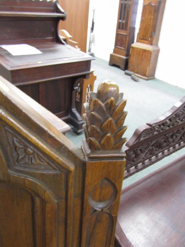 OAK GOTHIC STYLE CHAIR, with panel back and seat and pine cone finials - Image 3 of 4