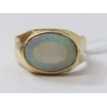 LARGE OPAL RING, 18ct heavy yellow gold ring set with cabochon style opal, ring size Q. 6.2 grams