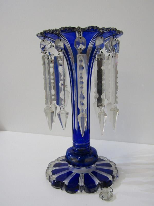 VICTORIAN GLASS, a cased blue and clear glass lustre (some drops as found), 30cms height, together - Image 3 of 7