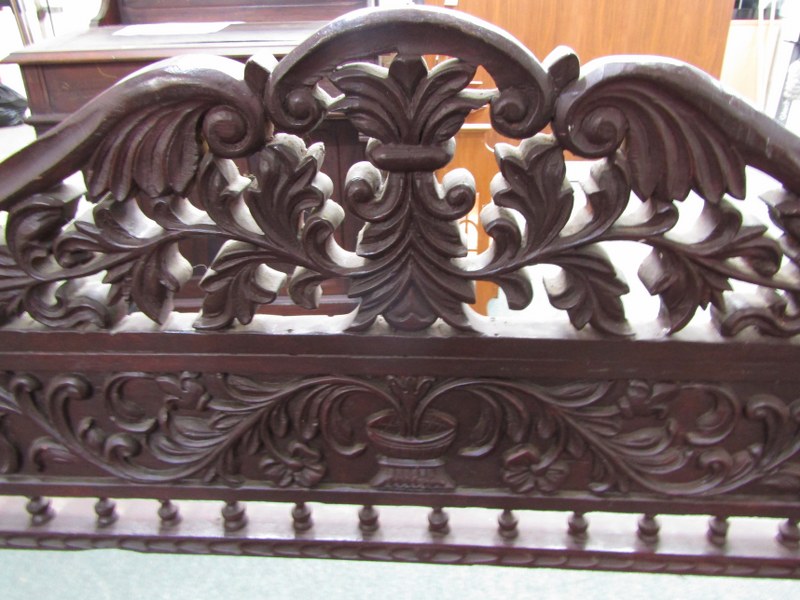 VICTORIAN CARVED MAHOGANY FRAMED SETTEE, with foliate carved panel back and front rail panel seat, - Image 2 of 3