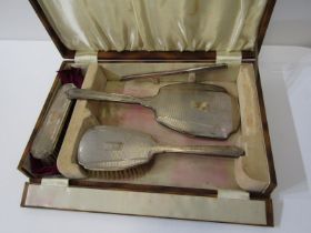 SILVER 3 PIECE DRESSING TABLE SET, with hand mirror and 2 brushes, with engine turned decoration,
