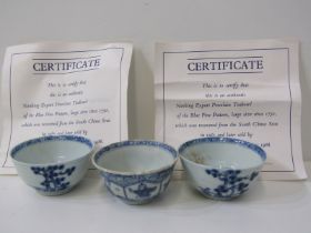 NANKING CARGO, 2 blue and white tea bowls with certificates in boxes, together with a further