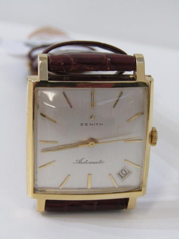 ZENITH KENNEDY AUTOMATIC WRIST WATCH, 18ct yellow gold square faced wrist watch on brown leather