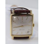 ZENITH KENNEDY AUTOMATIC WRIST WATCH, 18ct yellow gold square faced wrist watch on brown leather
