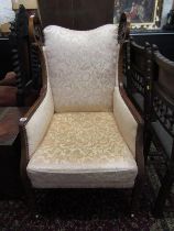 MAHOGANY FRAMED ARMCHAIR with shaped back, foliate upholstered seat on square form taper legs and