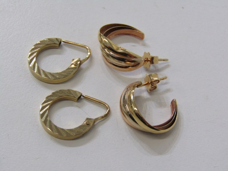GOLD HOOP EARRINGS, 2 pairs of gold hoop earrings, 1 multi coloured and 1 tests as 9ct gold, other - Image 2 of 2