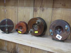 ANTIQUE FISHING, 4 assorted wooden reels, The Millwards Starback Pickup fly reel, 5", also a