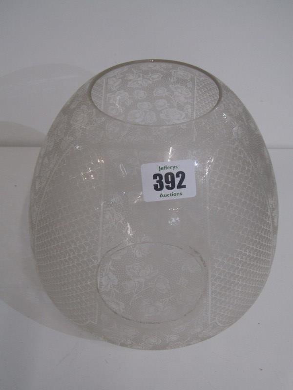 LAMP SHADES, yellow vaseline glass oil lamp shade, also an etched glass lamp shade and ornate cast - Image 4 of 4