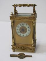 BRASS CASED CARRIAGE CLOCK, dial marked Hamilton & Co, with fretwork banding to case and fluted