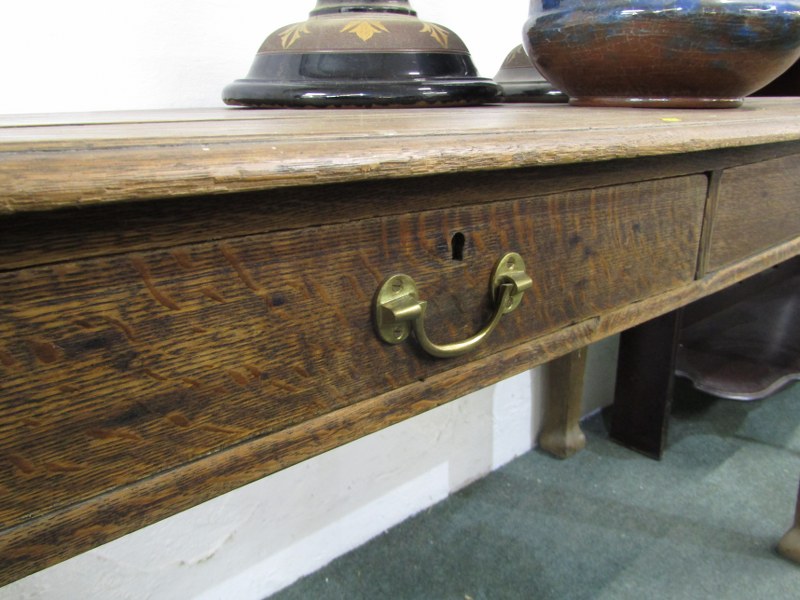 EDWARDIAN OAK SIDE TABLE, fitted 2 drawers on square form taper legs, 136cm width - Image 3 of 5