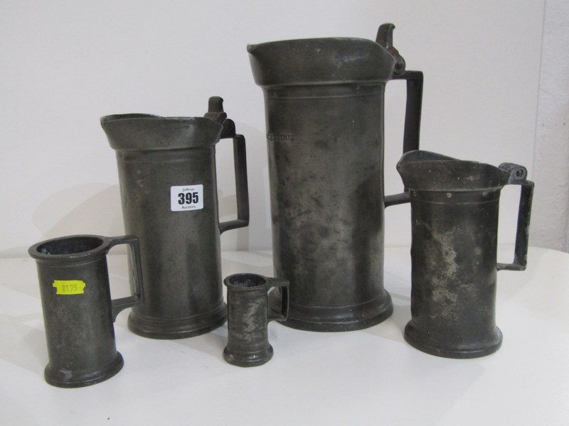 ANTIQUE FRENCH PEWTER MEASURING JUGS, lidded 2 litre measuring jug stamped "T Boulanget", 27cm - Image 2 of 6