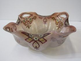ART NOUVEAU GLASS, attractive Art Nouveau glass bowl with shaped and pierced rim, decorated with