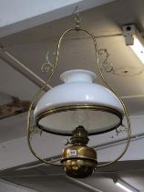 VICTORIAN BRASS HANGING LAMP, Lamp Nationale brass framed hanging lamp with opaque glass shade, 76cm