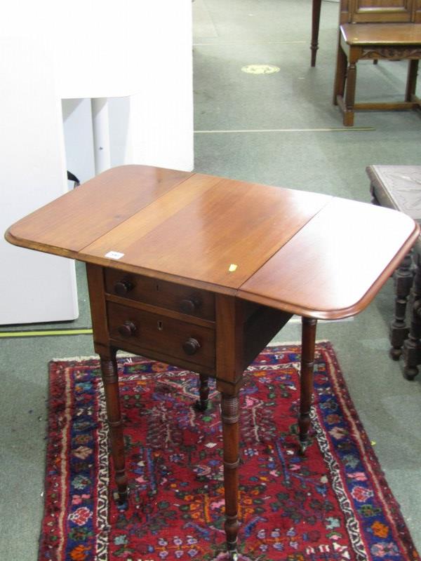 19th CENTURY MAHOGANY WORK TABLE, drop leaf table fitted 2 drawers, on turned supports and castor - Image 3 of 5