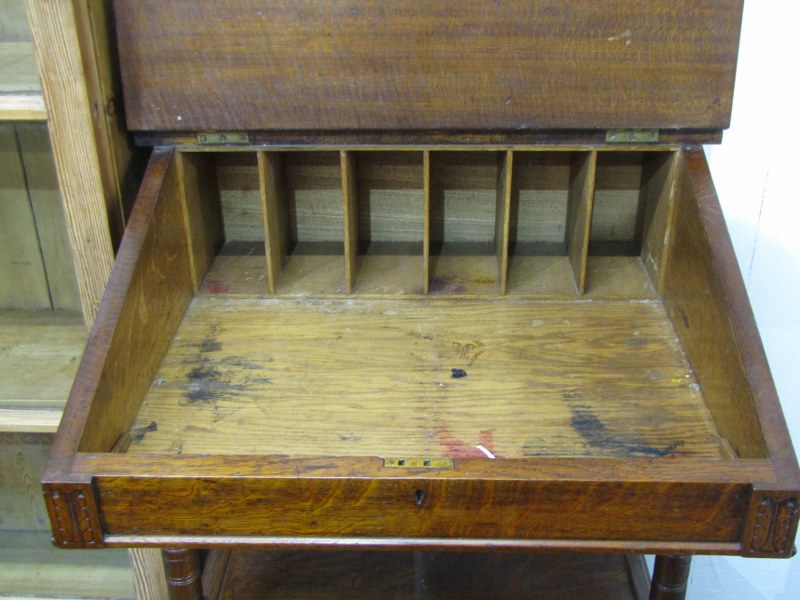 OAK DAVENPORT with brass gallery rail to top, 4 trinket drawers, fitted lower shelf with 2 drawers - Image 3 of 5