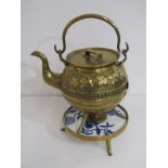 SOUTER BRASS KETTLE, with foliate decoration on a brass and ceramic stand with burner inset, 31cm