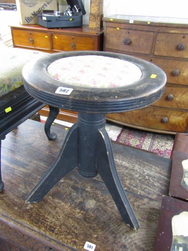 PIANO STOOL, 19th Century piano stool with needlework top and ebonised frame, also a revolving top - Image 3 of 4