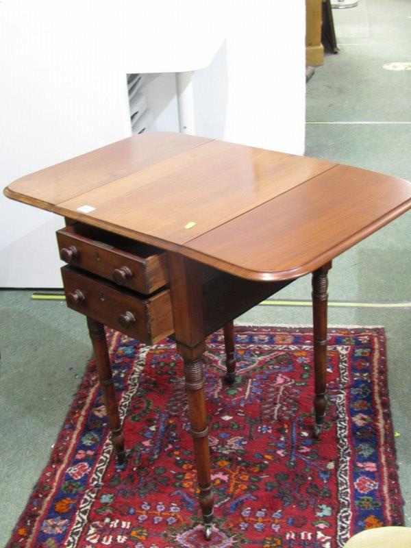 19th CENTURY MAHOGANY WORK TABLE, drop leaf table fitted 2 drawers, on turned supports and castor - Image 5 of 5