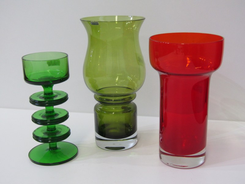 RETRO GLASS, a green glass candle holder by Ronald Bennett Wilson for Wedgwood, 15cms, a Finnish