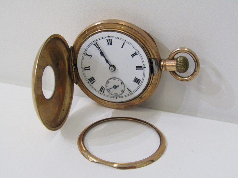 HALF HUNTER POCKET WATCH AND WATCH CHAIN, Star gold plated half hunter pocket watch, together with a - Image 3 of 5