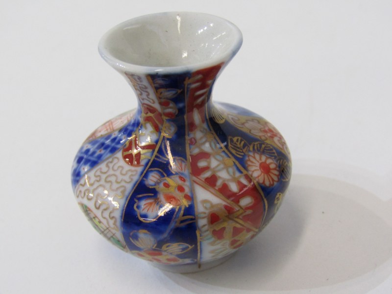 JAPANESE FUKAGAWA VASES, pair of miniature vases with alternate blue and red gilt decorated floral - Image 3 of 4